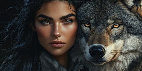A beautiful woman poses closely with a majestic wolf in a serene forest
