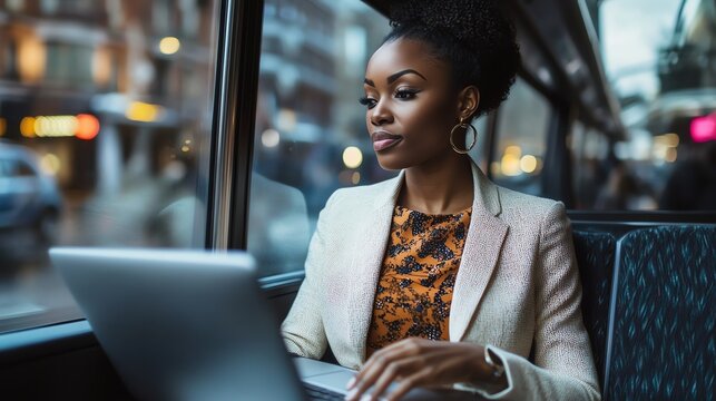 A black woman in a white blazer uses her laptop on a public bus.