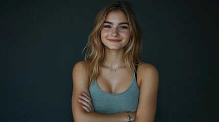 Naklejka premium Young woman with a friendly smile poses against a dark background