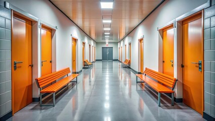 Long hallway with orange benches and open door, hallway, orange, benches, open door, interior design
