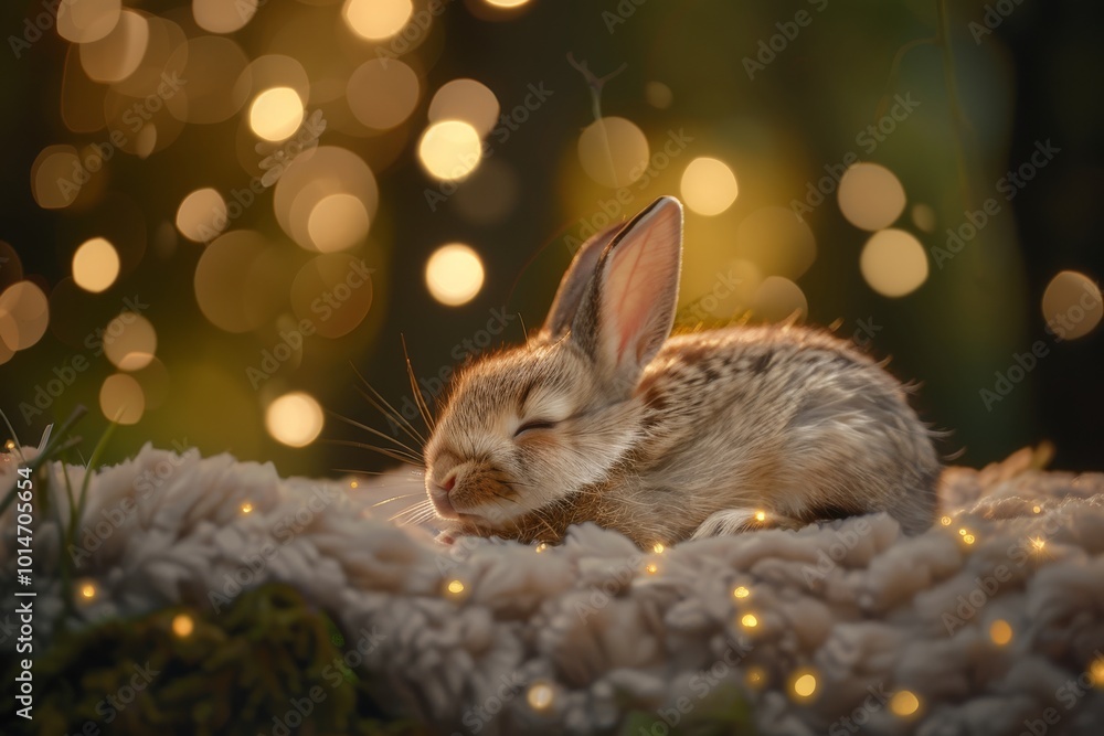 Poster a baby rabbit is sleeping on a blanket. the blanket is covered in stars and the rabbit is surrounded