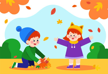 Children Playing in Autumn Leaves 
