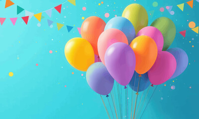 Colorful Balloons on Blue Background with Confetti