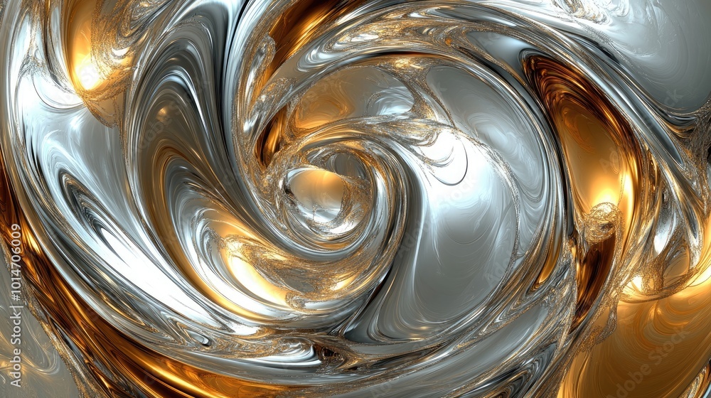Poster a mesmerizing liquid metal background with swirling silver and gold tones, creating a fluid and dyna