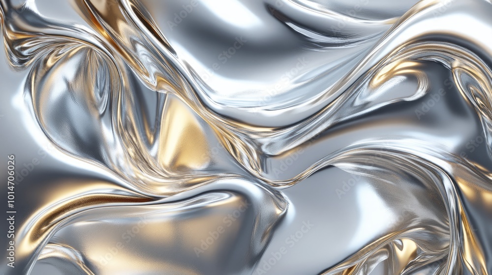 Poster a mesmerizing liquid metal background with swirling silver and gold tones, creating a fluid and dyna