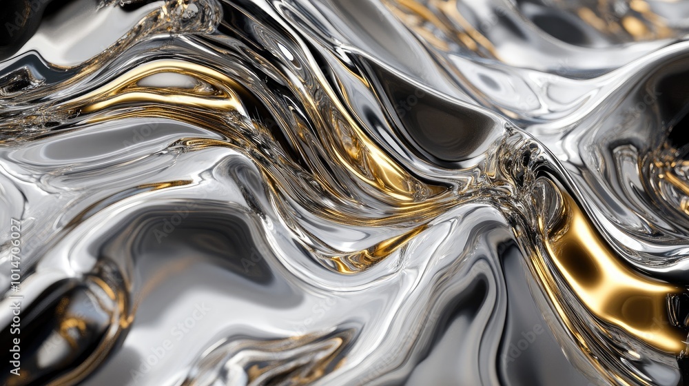 Poster a mesmerizing liquid metal background with swirling silver and gold tones, creating a fluid and dyna