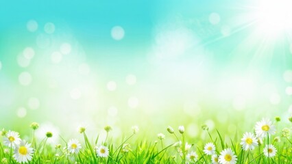 Obraz premium A serene landscape featuring vibrant grass and daisies under a bright sky with soft lighting.
