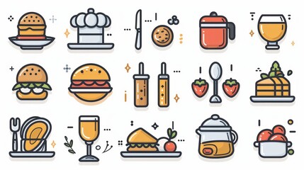 A collection of 18 colorful line icons representing various foods and beverages,
