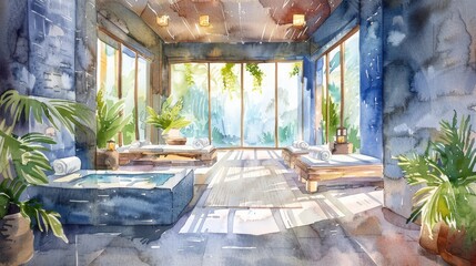 A watercolor painting of a spa room with a large bathtub, a few potted plants