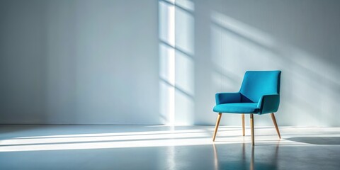 Blue chair standing alone in a brightly lit room , furniture, interior design, modern, empty space, minimalist