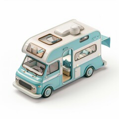 3D Isometric camper van Illustration on White Background, Van Camping Isometric Illustration &ndash; Forest Camp, Tent, and Nature Elements, Isolated on White Background