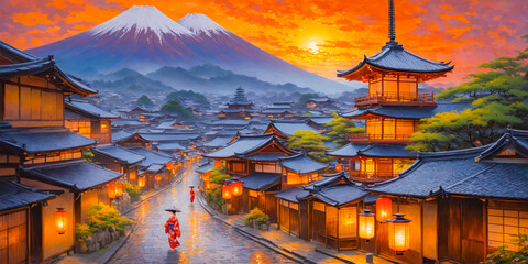 Japanese Village at Sunset with Mount Fuji.