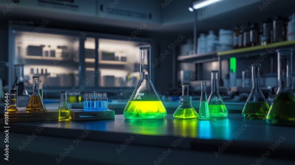 Leinwandbilder The image shows a laboratory setting with a table in the foreground and several beakers of various shapes and sizes containing colorful liquids