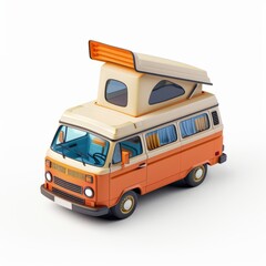 3D Isometric camper van Illustration on White Background, Van Camping Isometric Illustration &ndash; Forest Camp, Tent, and Nature Elements, Isolated on White Background