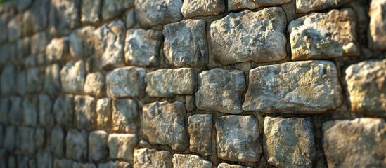 Closeup of an ancient weathered stone wall with a rough textured surface and intricate patterns created by years of erosion and time  The irregular blocks and grooves create a rugged