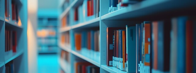 A photo of shelves in the library with books, books on white bookshelves and blue stripes