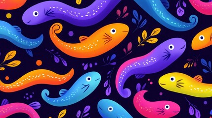 Fototapeta premium Colorful fish pattern with vibrant hues and playful design on a dark background.