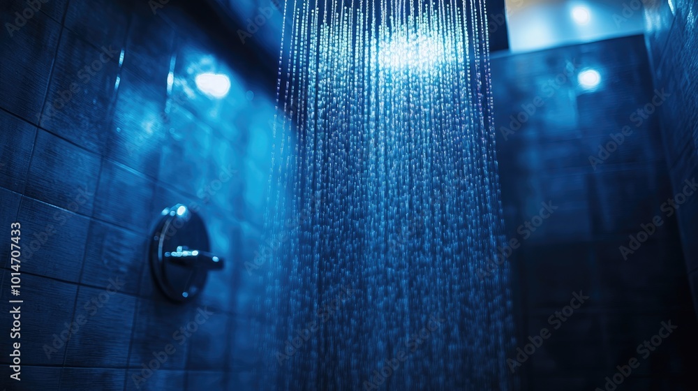 Poster water cascading from a luxury showerhead with soft lighting, creating a relaxing and serene environm