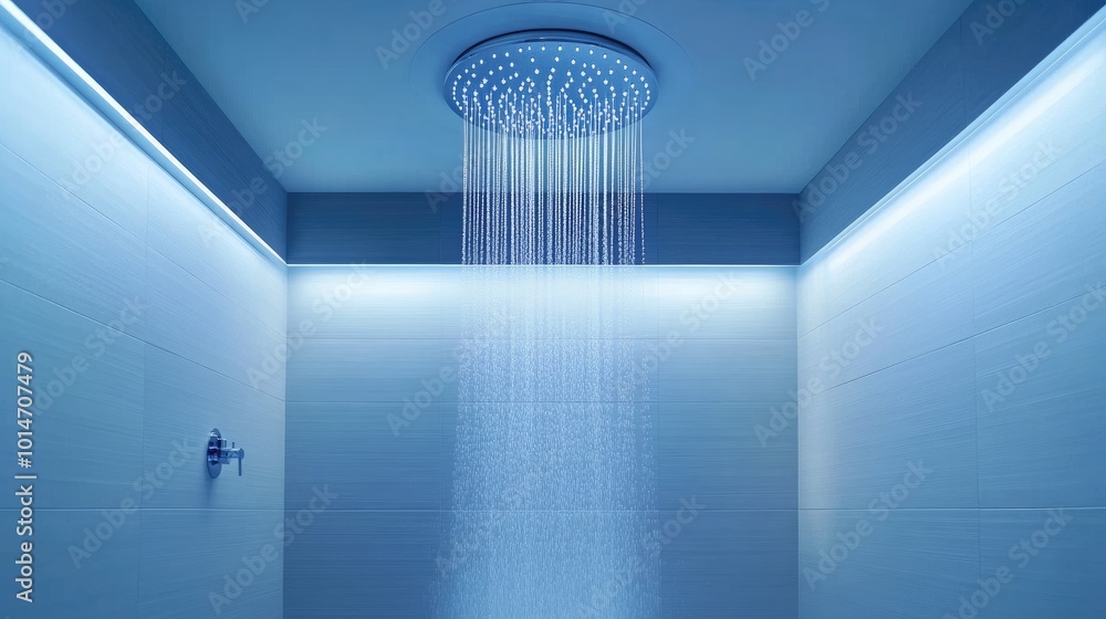 Poster water cascading from a luxury showerhead with soft lighting, creating a relaxing and serene environm