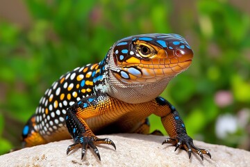 Obraz premium Colorful lizard with a blue head and orange legs is sitting on a rock. lizard's head is adorned, while its legs are striking orange. lizard basking on a rock in its natural habitat under warm sunlight