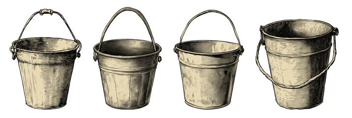 Vintage illustrations of buckets in various styles isolated on a transparent background, PNG