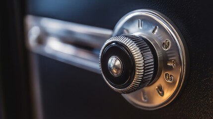 A closeup of the combination lock on a safe.