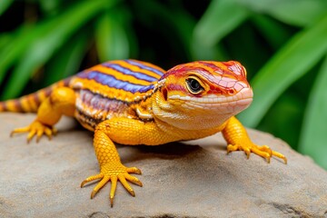 Colorful lizard with a blue head and orange legs is sitting on a rock. lizard's head is adorned, while its legs are striking orange. lizard basking on a rock in its natural habitat under warm sunlight