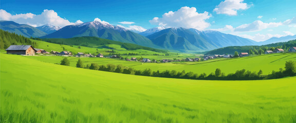 Fototapeta premium Mountain Village Landscape with Green Fields