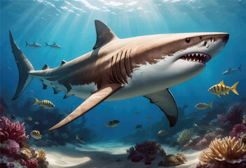 Obraz premium Megalodon Shark Swimming in Colorful Coral Reef with Schools of Fish