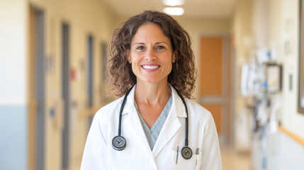 confident female doctor in white coat smiles warmly in hospital corridor, showcasing professionalism and care. Her stethoscope adds to her medical authority