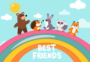 Naklejka premium Rainbow with Animals on it saying Best Friends 