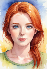 Redhead Girl with Blue Eyes in Watercolor Portrait