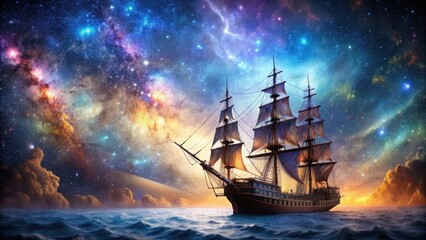 Fototapeta premium Majestic galleon sailing through a cosmic sea of stars and nebulae, space, stars, galaxy, universe, galleon, majestic