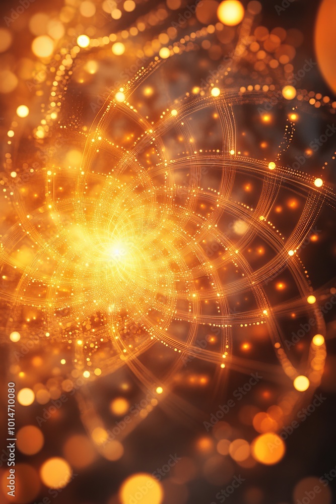Poster a mesmerizing abstract image featuring a glowing golden light pattern with a bokeh effect, creating 