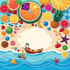 Naklejka premium Summer Beach Scene with Boats and Fruit 