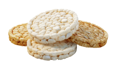 Crispy rice cakes stacked together, isolated on a white background, transparent background.