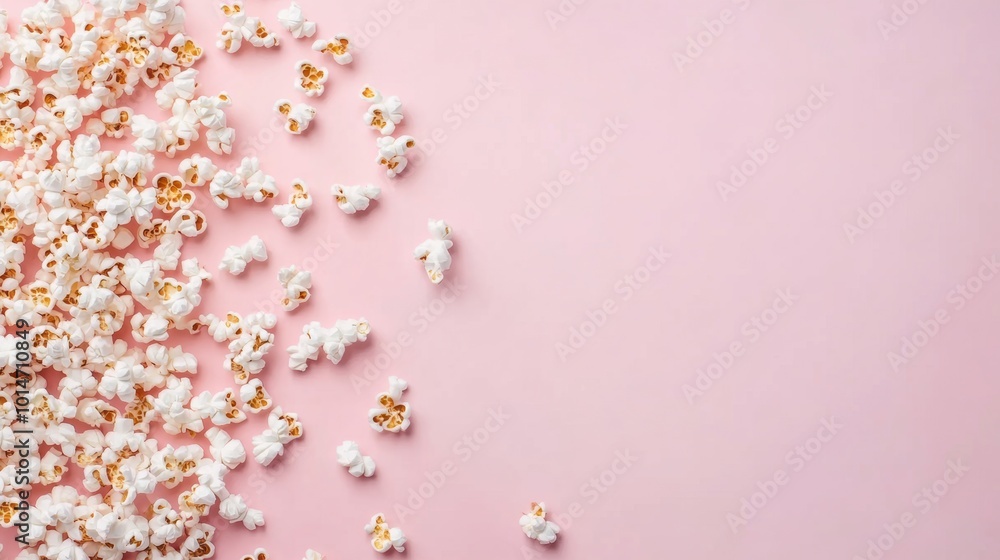Poster popcorn is scattered across a smooth pink surface, creating a cheerful and inviting atmosphere, idea