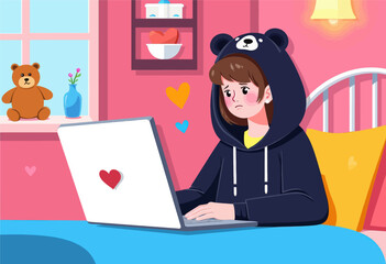 Teen in Bear Hoodie Uses Laptop in Cozy Bedroom