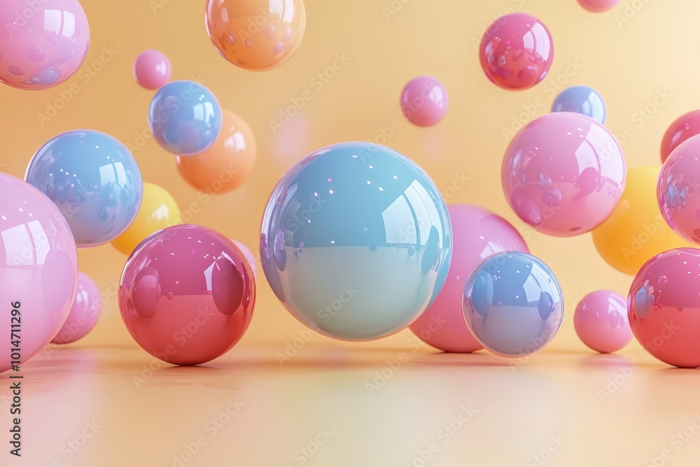 Poster abstract arrangement of pastel-colored spheres floating above a beige background in a creative 3d re