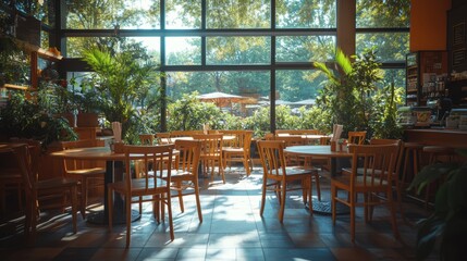 Fototapeta premium Stylish workspace featuring recycled furniture with large windows and natural sunlight in a greenery-filled setting