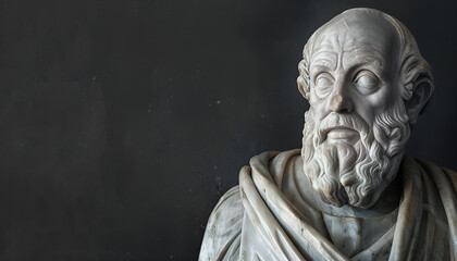 Fototapeta premium detailed marble sculpture of an old stoic man, possibly representing a roman god, showcasing intricate facial features and a contemplative expression, copy space for text