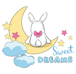 Hand drawn cute rabbit on the moon print design for baby pajamas, textiles. Vector illustration