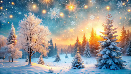 serene winter wonderland scene featuring snow covered trees and vibrant sunset. atmosphere is magical with sparkling snowflakes and dreamy sky, evoking sense of tranquility and beauty