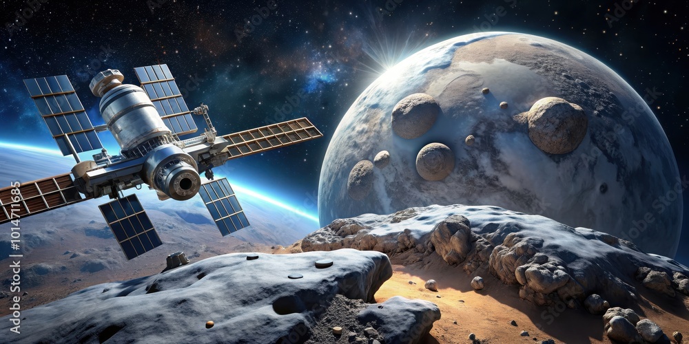Wall mural space station on an asteroid in deep space with a space mission for planet landing , space station