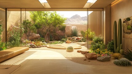 Fototapeta premium Contemporary garden room with tan accents, merging seamlessly with a desert-inspired landscape High-res, sleek aesthetics