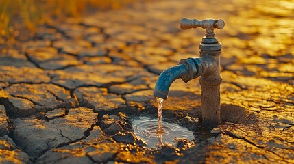 A dry water tap in a cracked, barren field symbolizes severe water shortages and environmental drought issues.