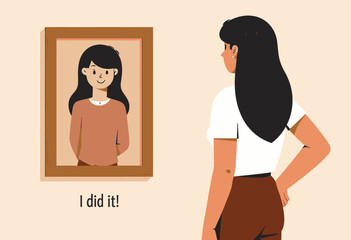 Fototapeta premium Woman looking at painting of herself with caption 