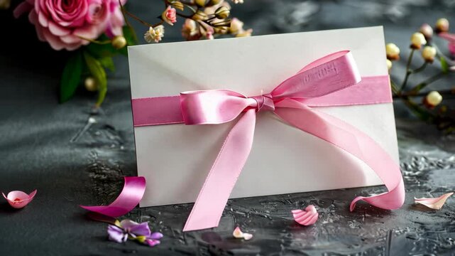 A white envelope with a pink ribbon sits on a dark surface, surrounded by pink flowers