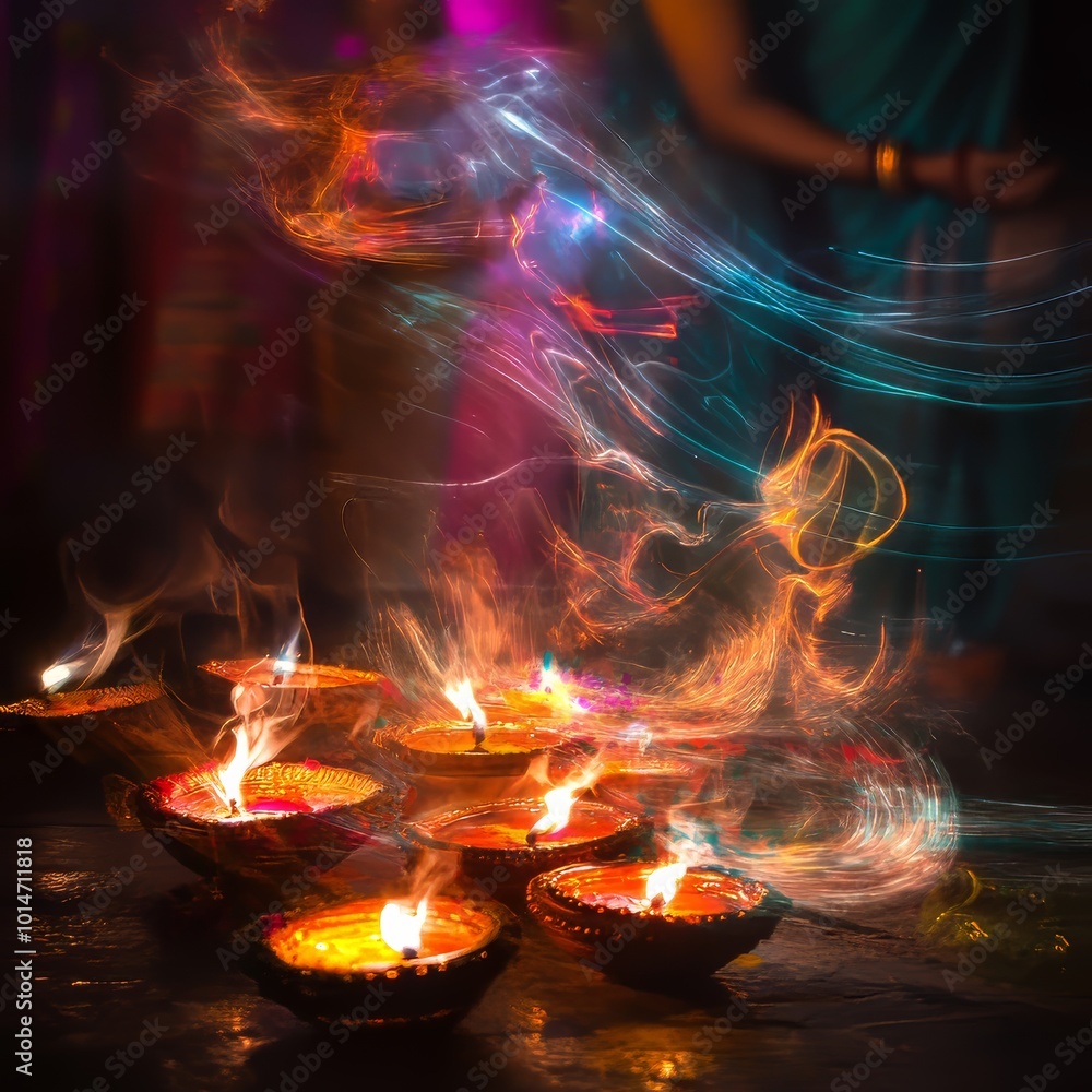 Sticker Double exposure of Diwali props with light trails