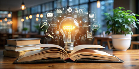 book with word education symbolizes knowledge and learning, surrounded by icons representing various educational tools and concepts. This evokes inspiration and creativity